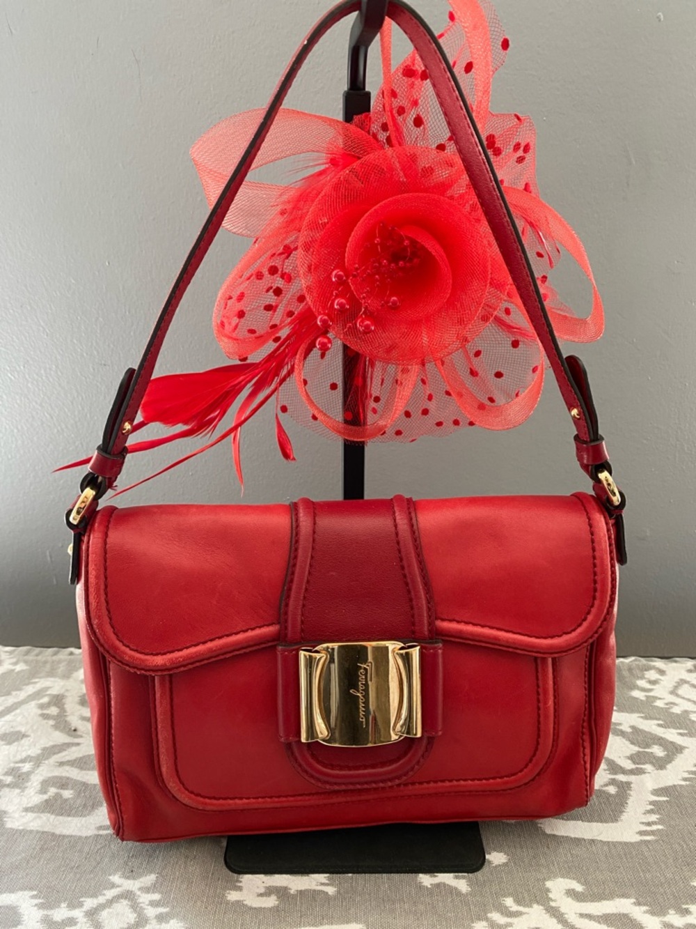 Salvatore Ferragamo Red Leather Shoulder Bag w/Gold Bow and Red Compact Wallet